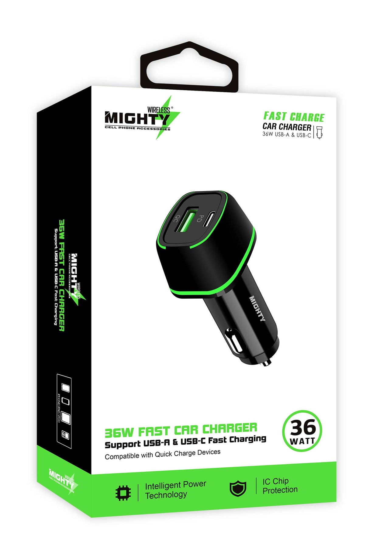 Mighty Fast 36W PD Car Charger with USB Port Black MK32