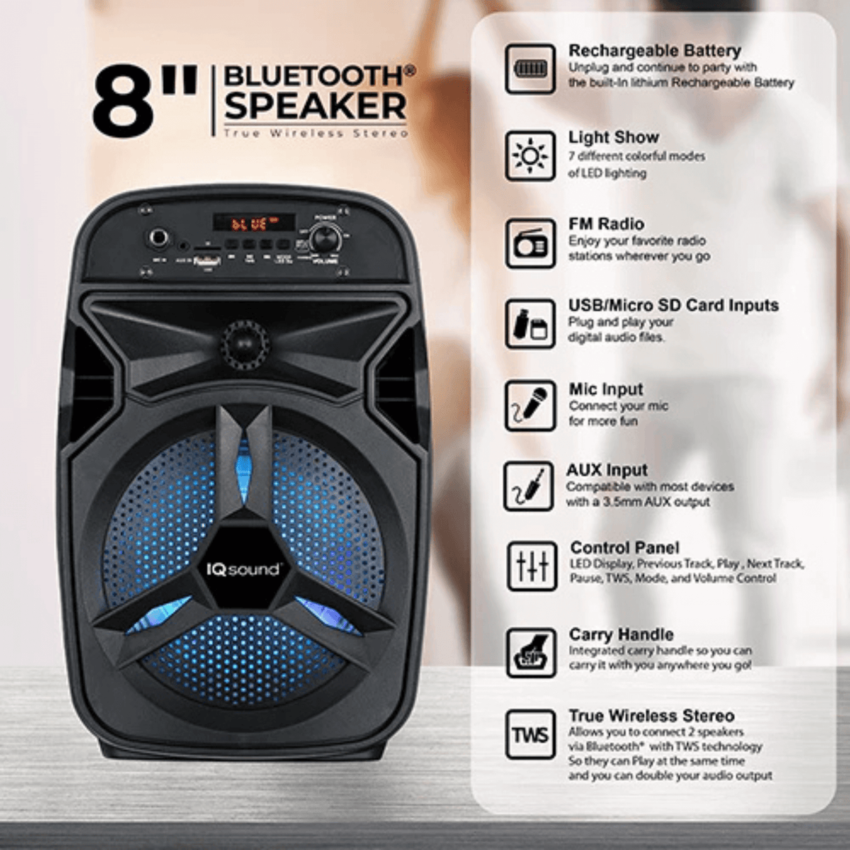 IQ Sound 8-Inch Portable Bluetooth TWS Speaker