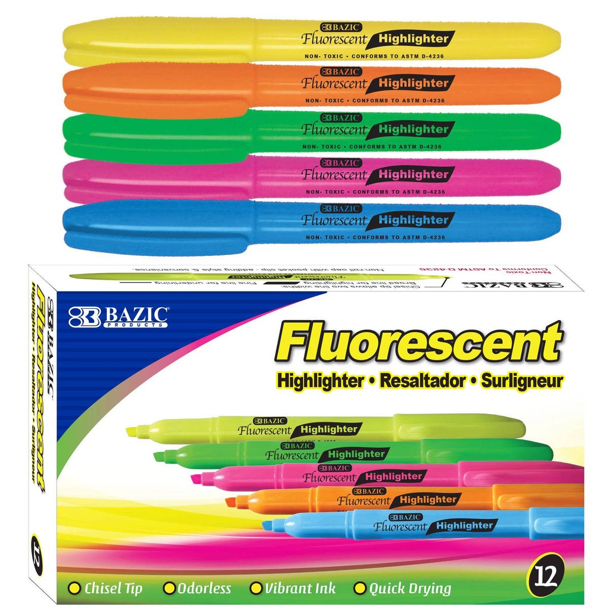 Fluorescent Highlighter Asst Color w/ Pocket Clip (12/Pack)
