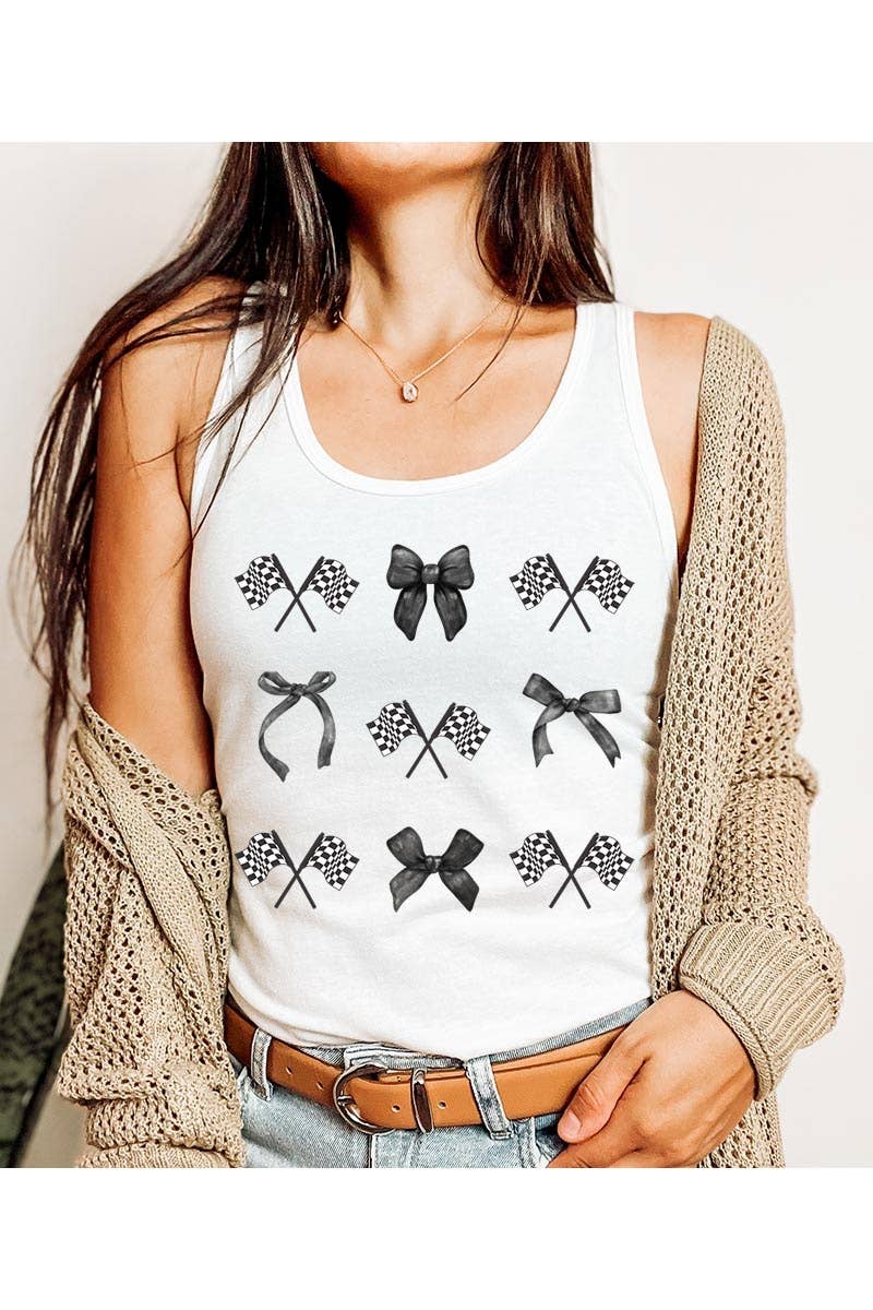 Checkered Flag Black Bow Graphic Racerback Tank