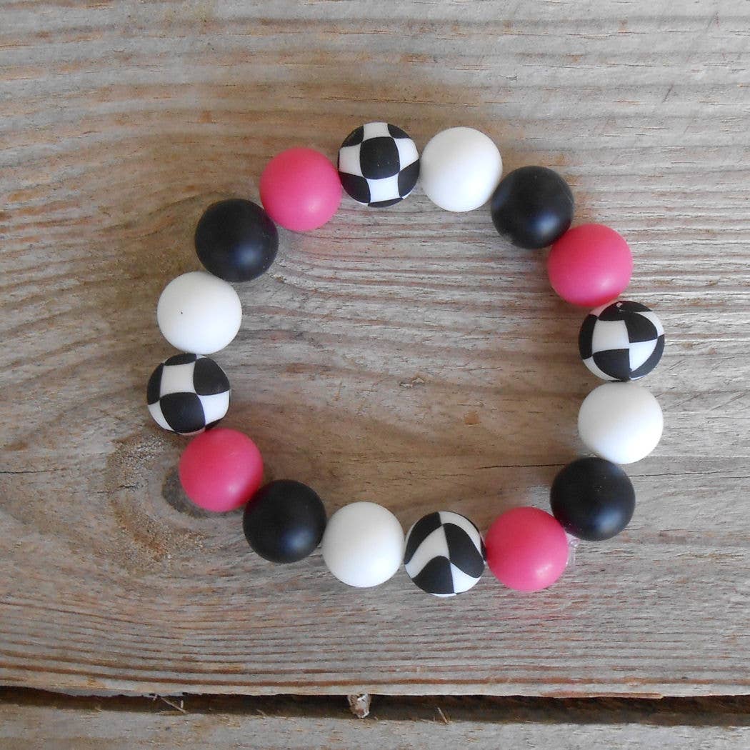 Light Hot Pink Silicone Wristlet with Wavy Checkered Beads