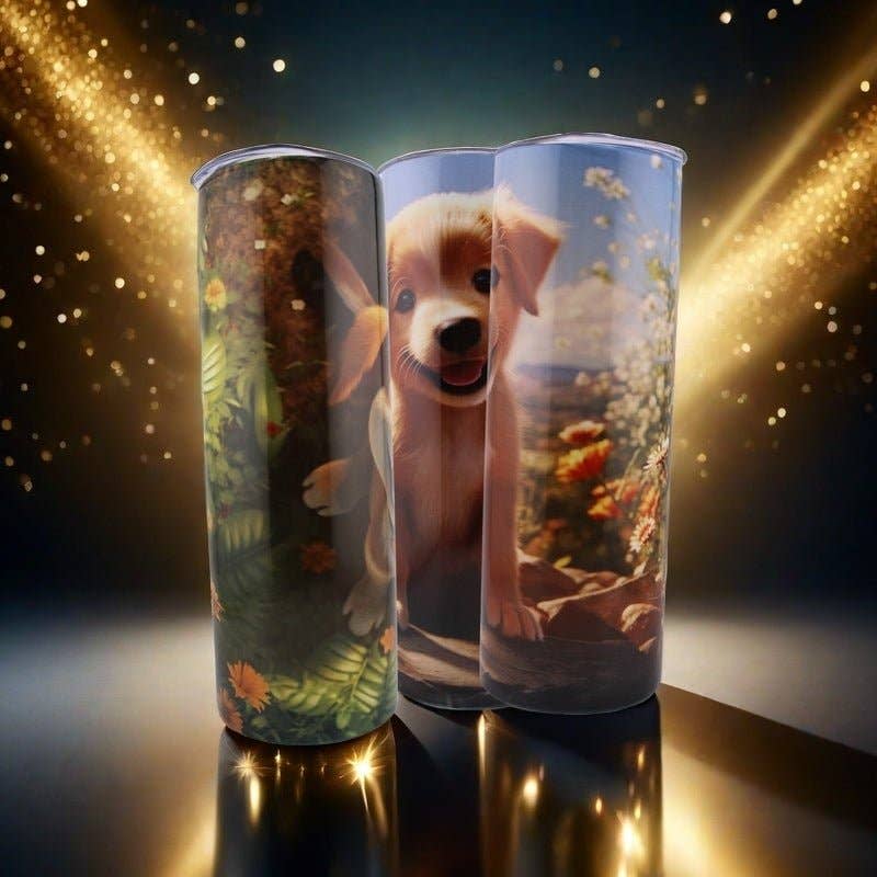 Puppy Sitting on Rock 20oz tumbler with straw