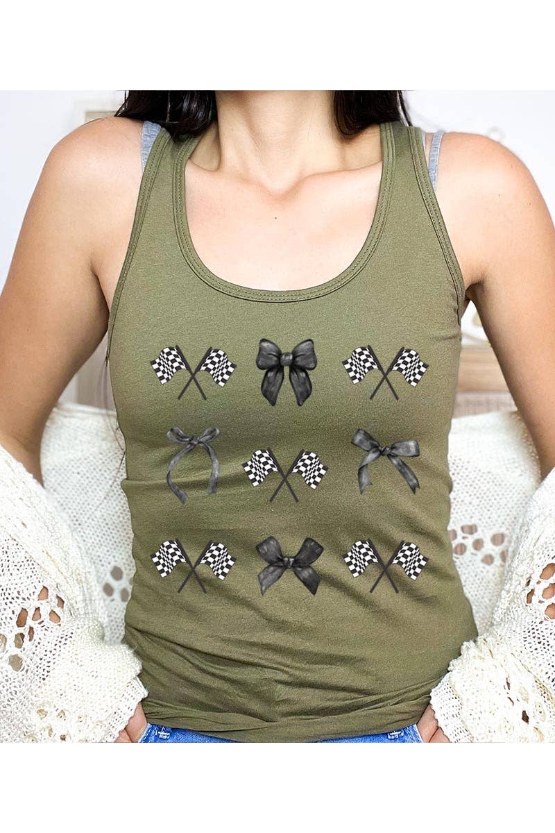 Checkered Flag Black Bow Graphic Racerback Tank