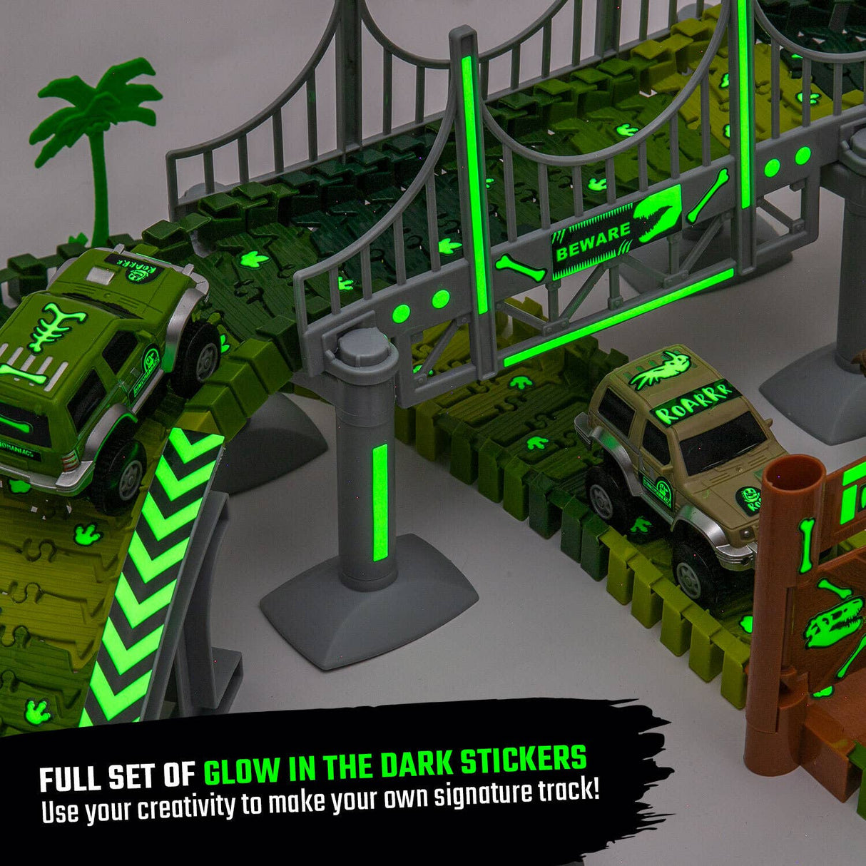 Dinosaur Race Car Journey Track Set Toy, STEM Glow In The Dark Toy