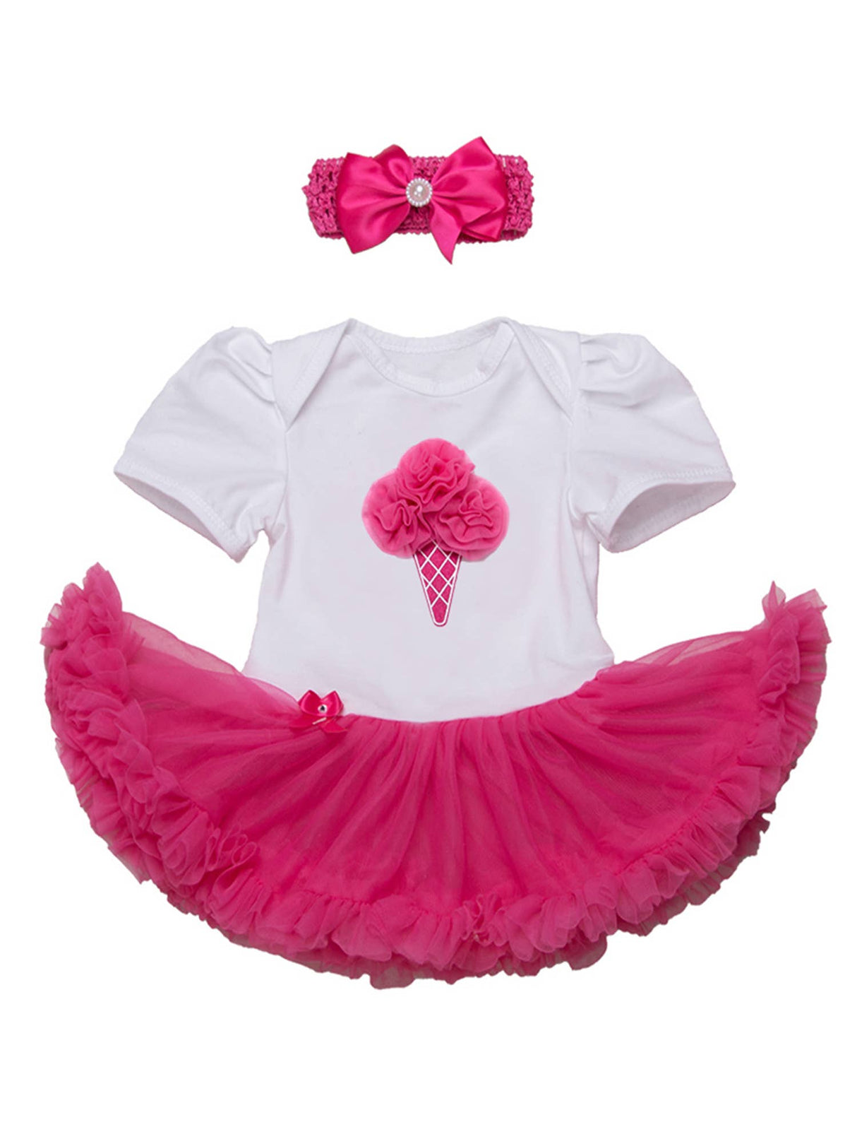 Fuchsia-White Flower Cone Romper Tutu Dress & Headband