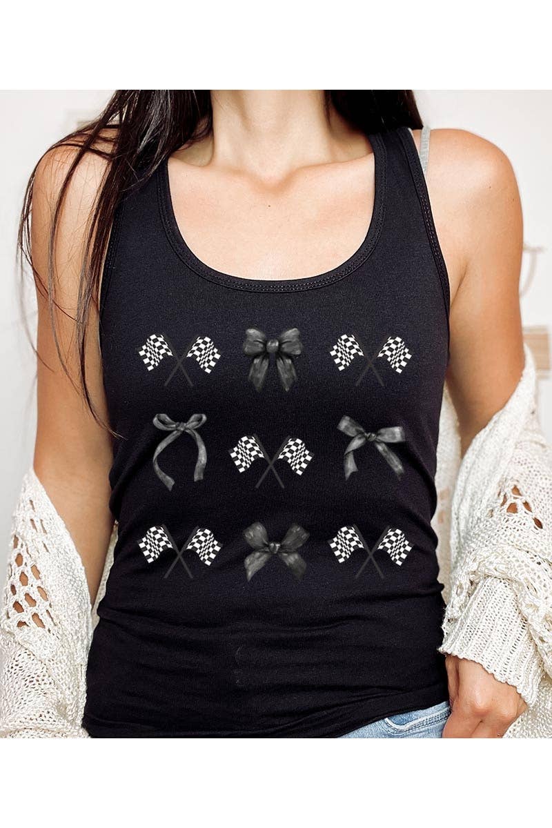 Checkered Flag Black Bow Graphic Racerback Tank