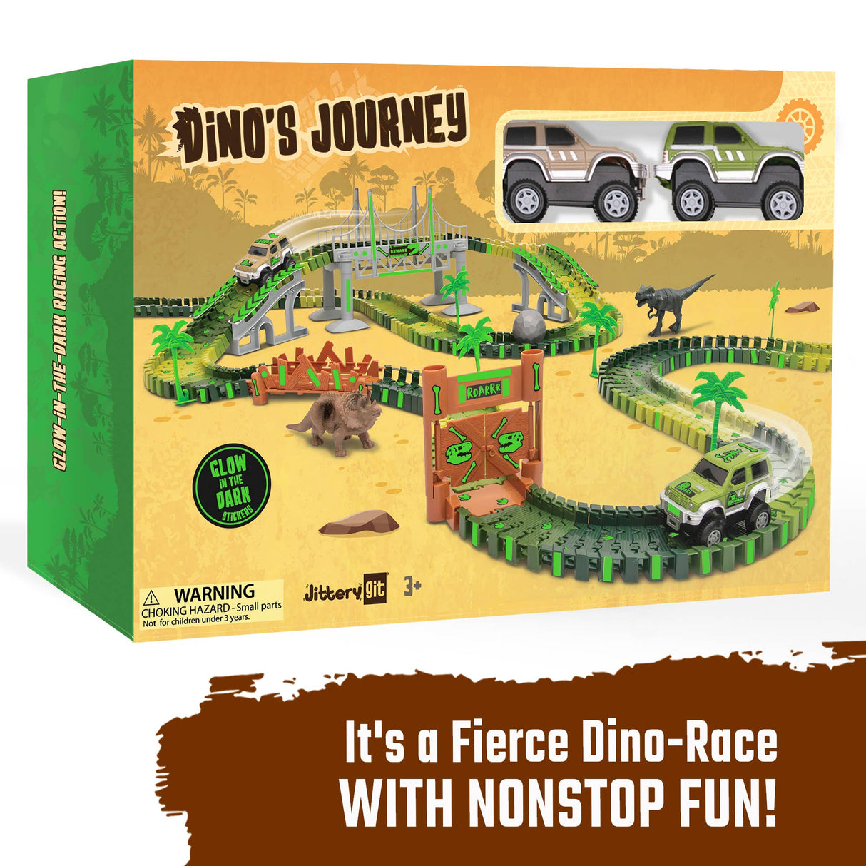 Dinosaur Race Car Journey Track Set Toy, STEM Glow In The Dark Toy