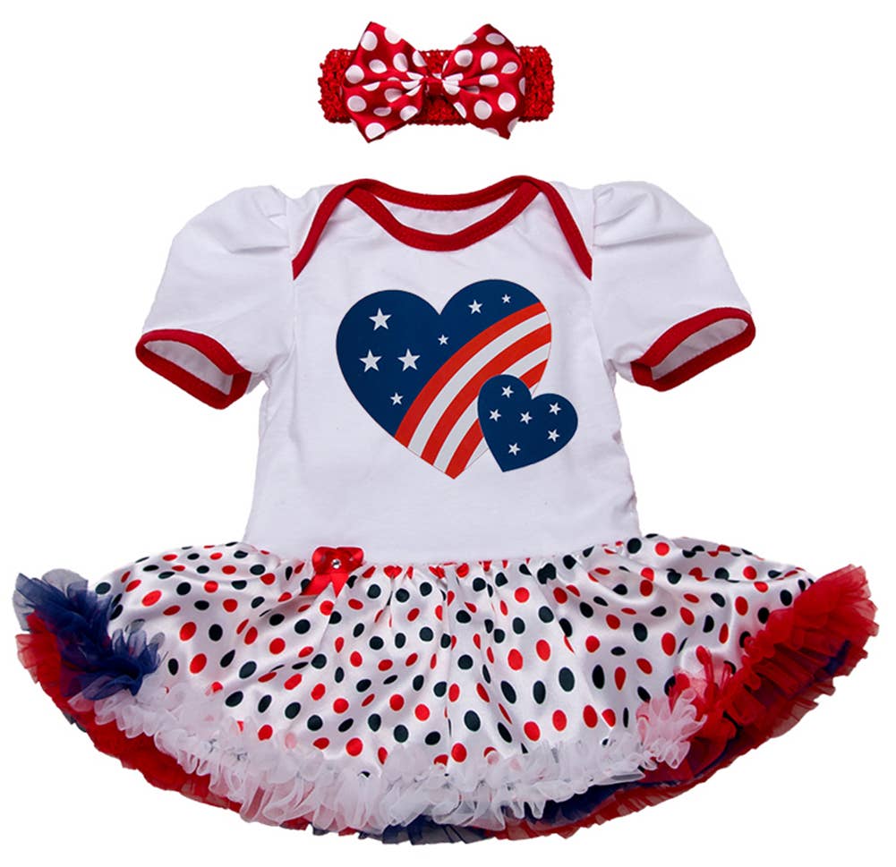 White American Flag Two-Heart Baby Romper Dress & Headband