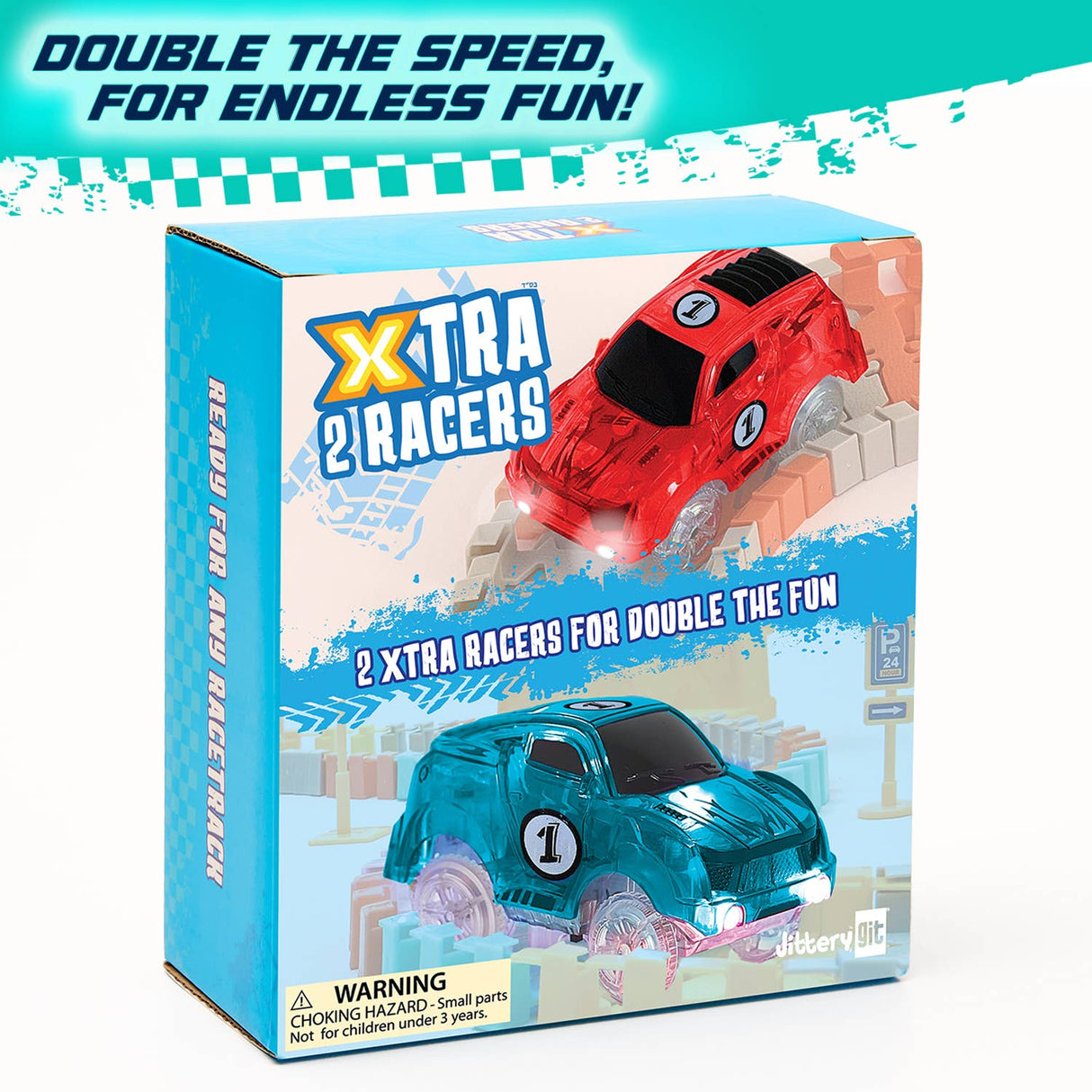 2 Light Up Racer Cars Speedway Themed Toy Set