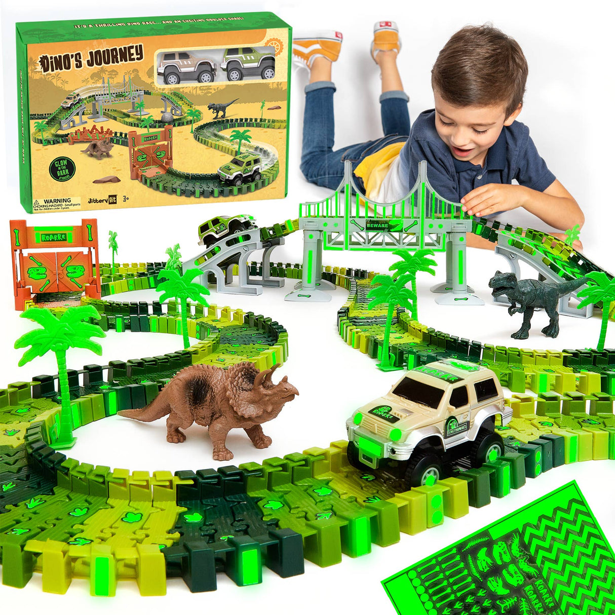 Dinosaur Race Car Journey Track Set Toy, STEM Glow In The Dark Toy