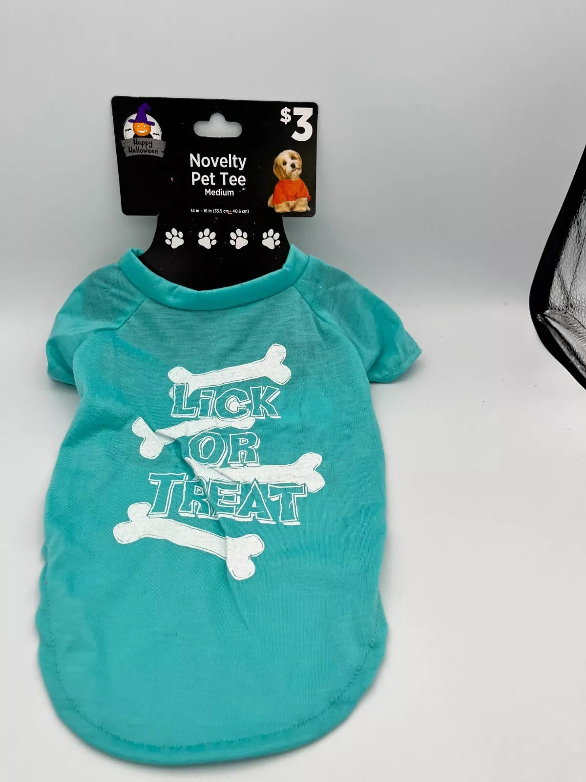 HALLOWEEN NOVELTRY PET TEE LIGHT BLUE BONES (LICK OR TREAT) MED (14 IN - 16 IN)