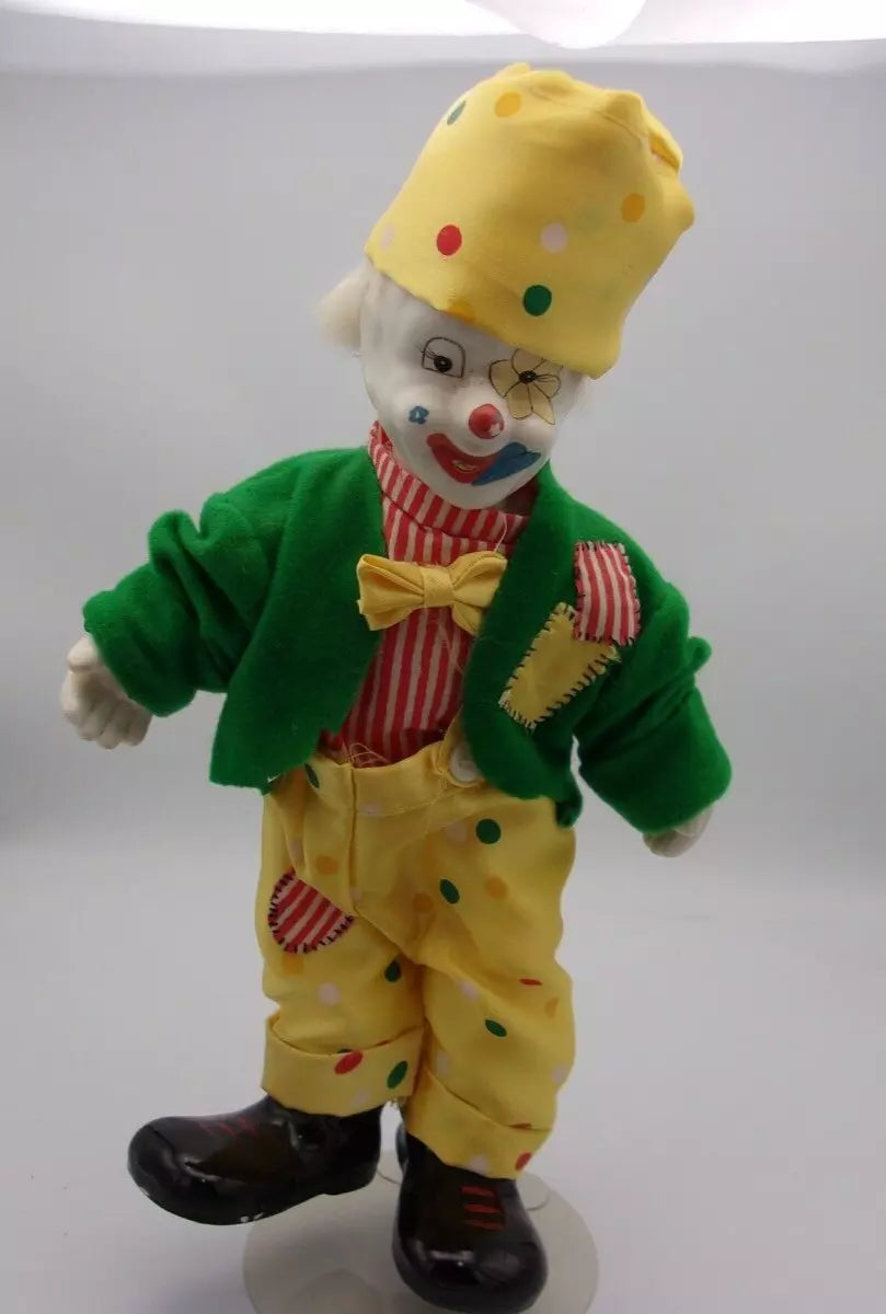 Vintage Porcelain Clown Doll W/Yellow Polka Dot Hat