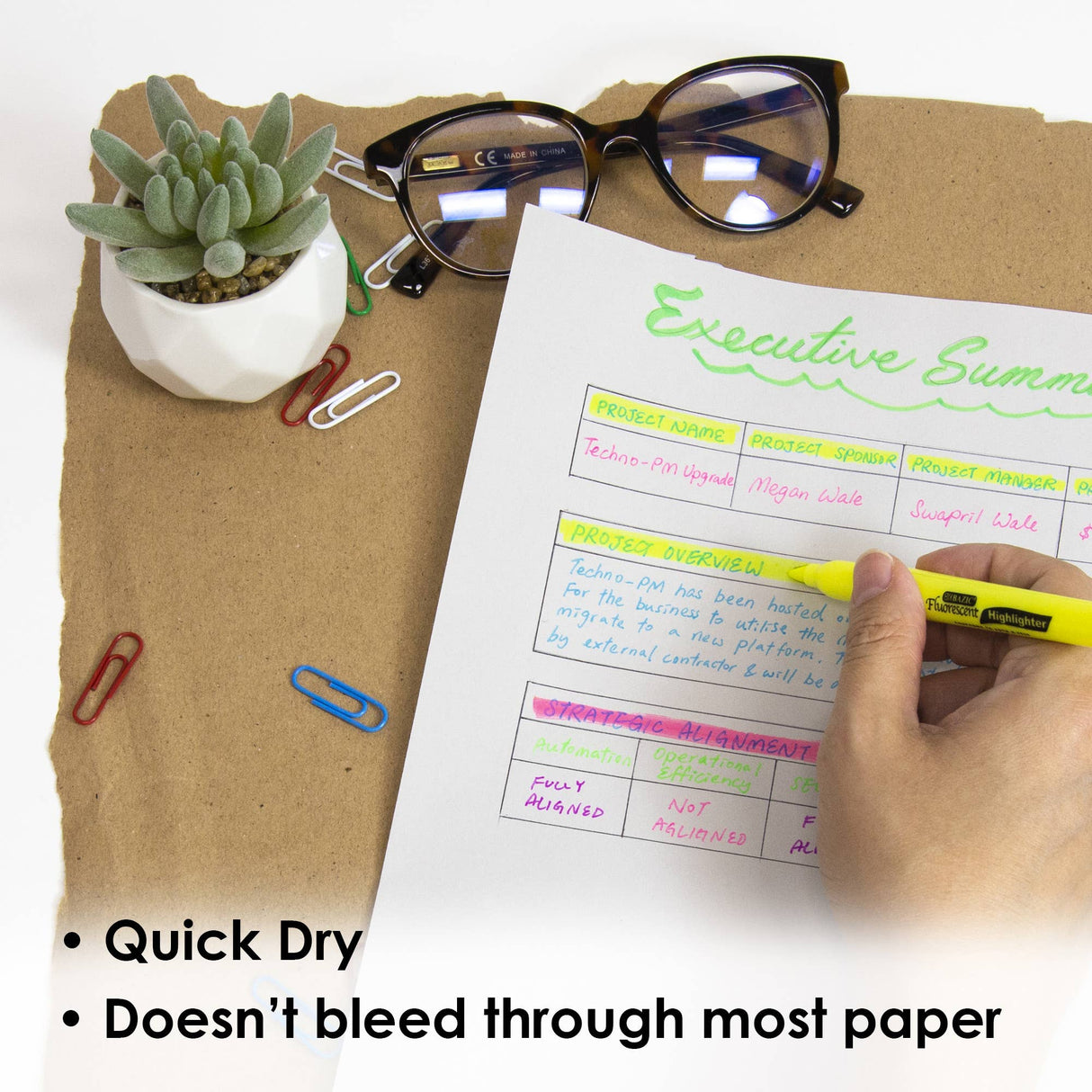 Fluorescent Highlighter Asst Color w/ Pocket Clip (12/Pack)