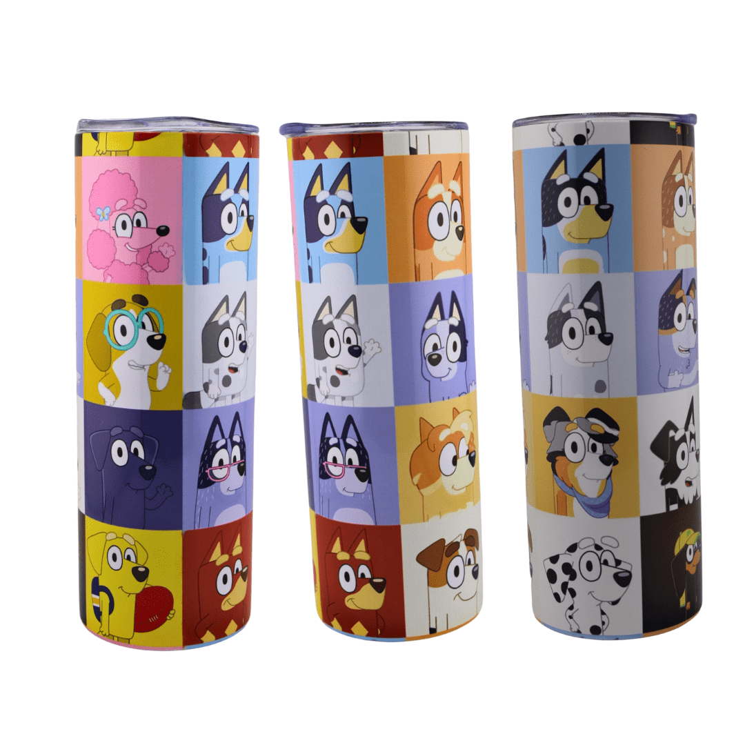 Bluey Tumbler – Family Fun Pup Collage 20oz Tumbler with Straw