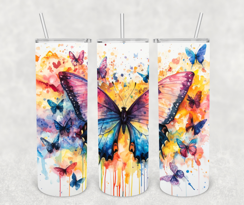 Rainbow Watercolor Drip Butterfly 20oz Tumbler