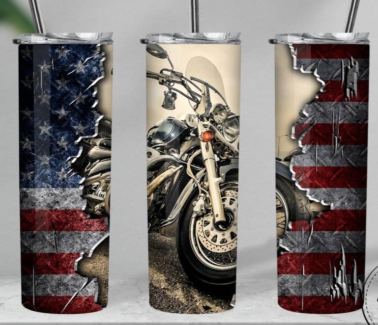 Motorcycle, Metal American Flag, Gift, Tumbler