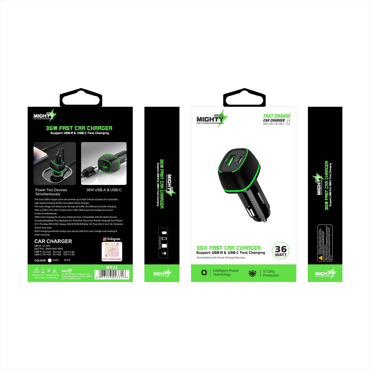 Mighty Fast 36W PD Car Charger with USB Port Black MK32