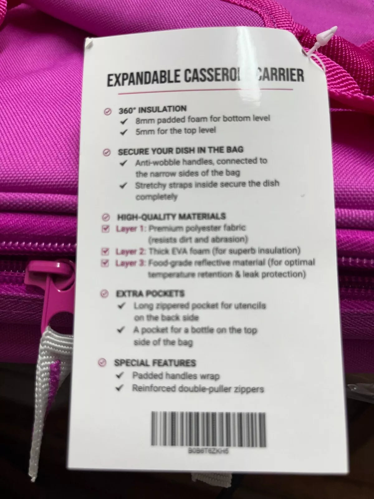 PINK Insulated Expandable Carrier Casserole Travel Rectangle Grab & Go Bag